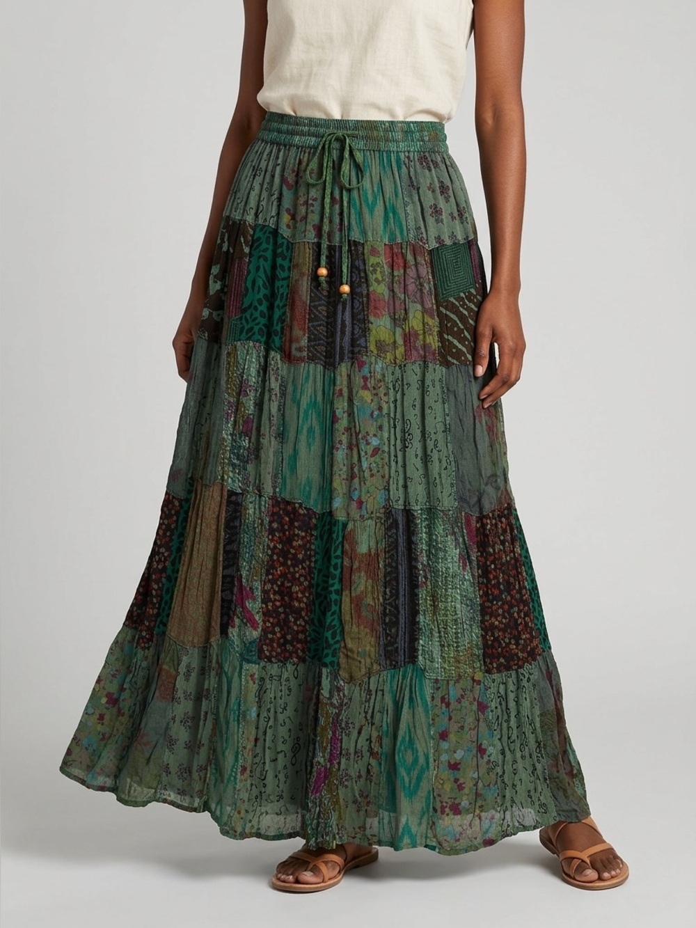 Green Boho Patchwork Maxi Skirt